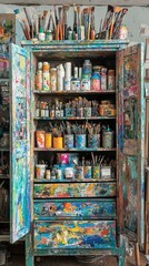 Obraz premium Colorful Art Cabinet Filled with Supplies and Brushes