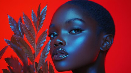 High-Fashion Portraits Featuring Model with Reflective Blue Skin and Metallic Leaves on a Vibrant Red Backdrop
