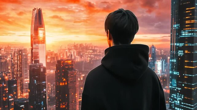 A young male stands in awe as he overlooks a radiant cityscape bathing in sunset light, feeling a mix of wonder and contemplation amidst sky-high skyscrapers.