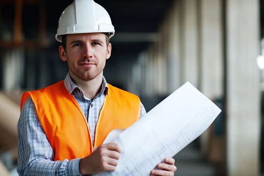 Confident architect with blueprint at construction site.