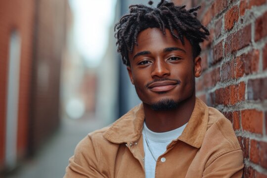 Man with dreadlocks standing against a brick wall