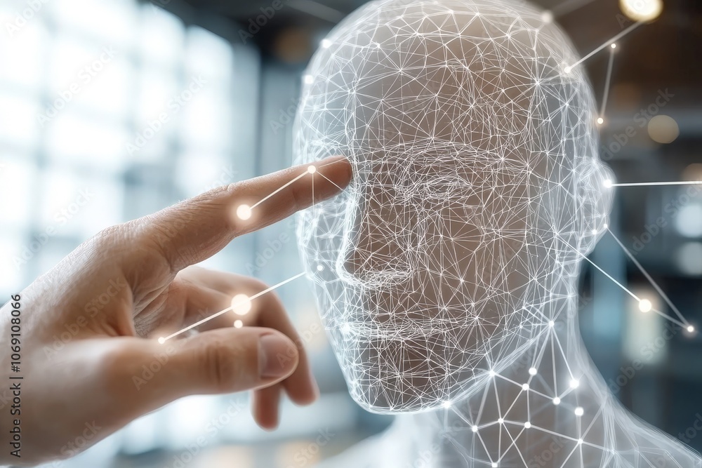 Poster hand touching holographic human face with digital mesh symbolizing ai virtual identity and human com