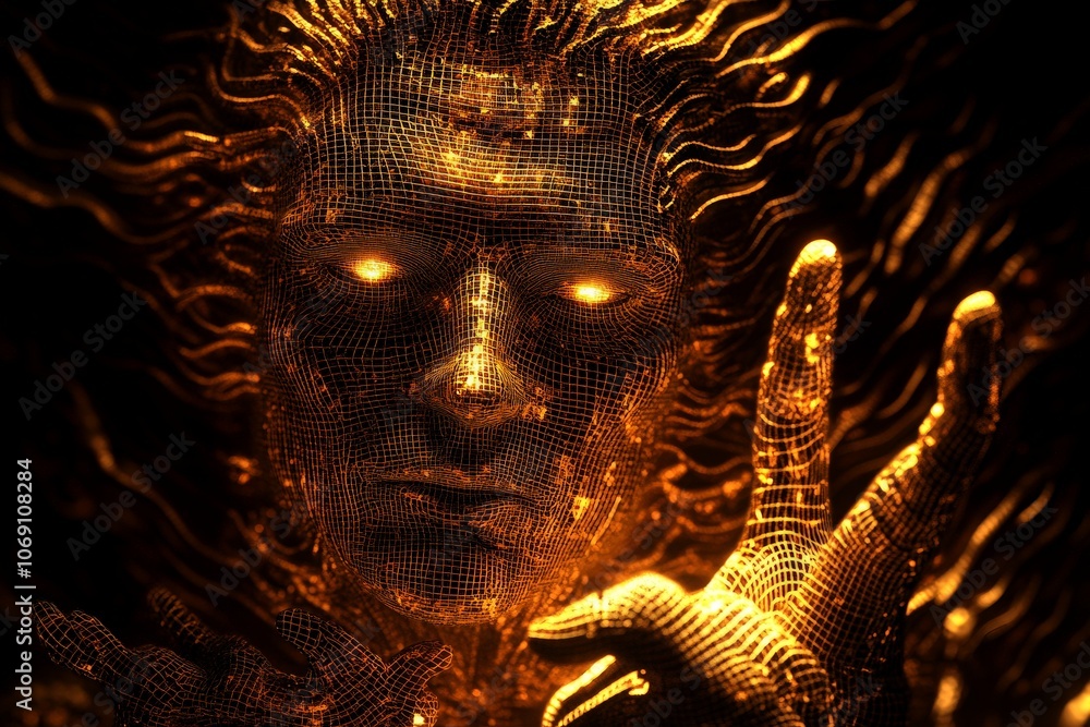 Poster cyber inspired figure surrounded by golden digital patterns symbolizing futuristic ai technology and
