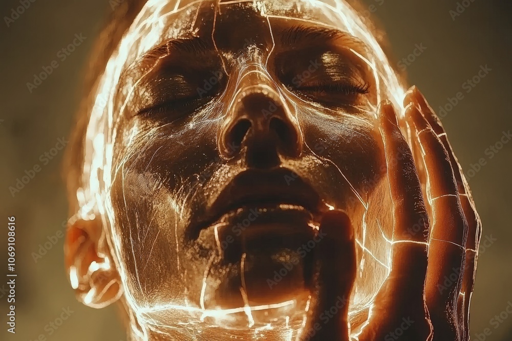 Poster face made of transparent layers and light trails symbolizing futuristic identity digital evolution a