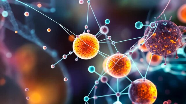 A close-up of a colorful network of spheres and lines, representing a complex system