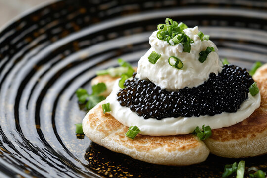 A decadent dish of black caviar served with blinis, sour cream, and chopped onions, presented in a fine dining setting. - Powered by Adobe
