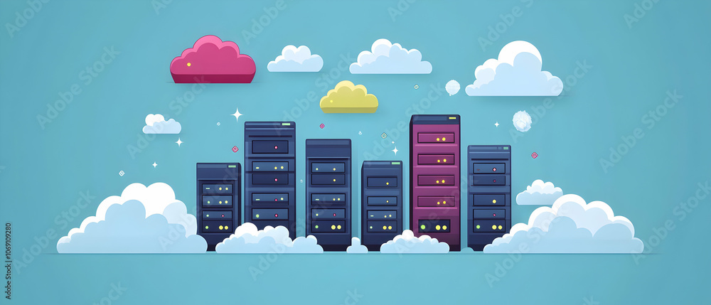 Poster cloud computing concept with servers in the sky.