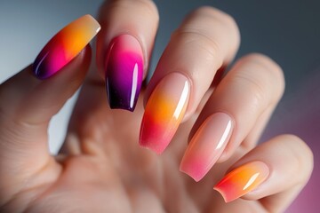 A close-up view of beautifully designed gradient nails featuring vibrant colors including purple, pink, and blue, captured in natural daylight on a hand against a soft background