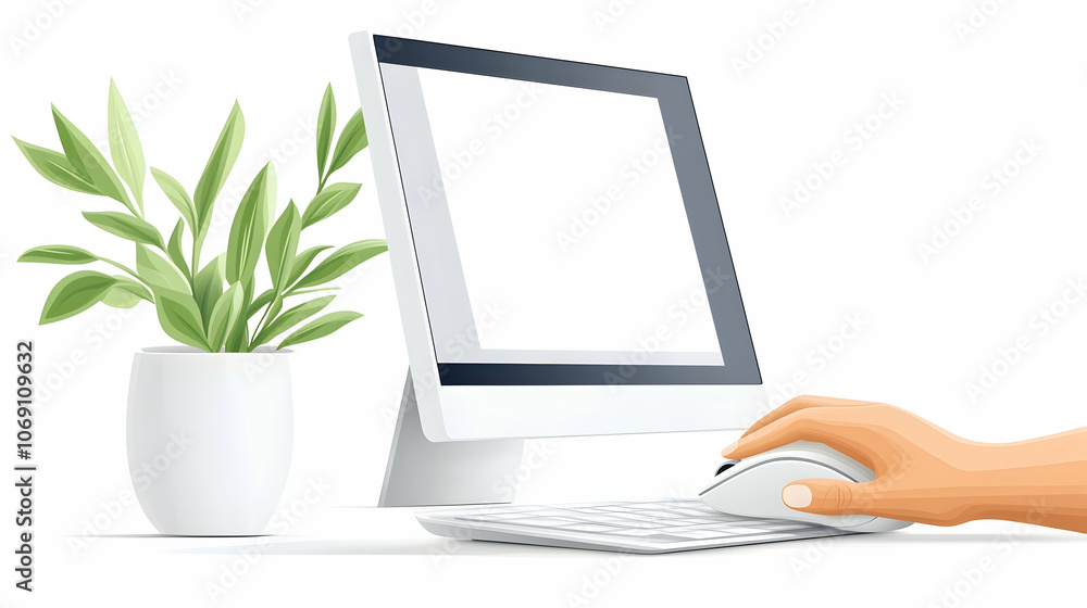Poster hand using a computer mouse with a blank screen and a potted plant.