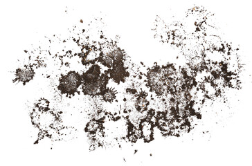 Wet mud, stains and water droplets texture isolated on white background, top view and clipping path
