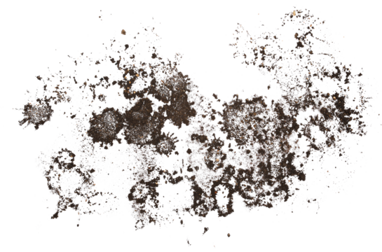 Wet mud, stains and water droplets texture isolated on white background, top view and clipping path
