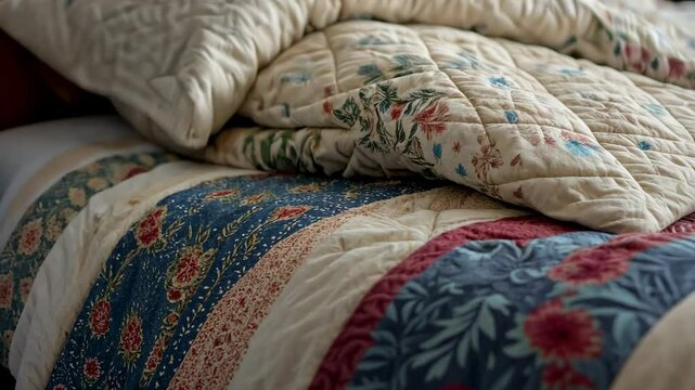 A close-up view of a bed made with a patchwork quilt and pillows, the quilt featuring floral patterns in shades of blue, red, and beige