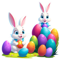 Obraz premium Two cheerful rabbits colorfully decorating Easter eggs in a vibrant spring garden during a sunny day