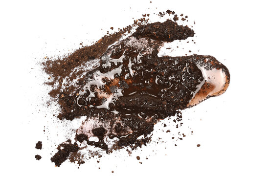 Drops of mud sprayed with puddle isolated on white background, with clipping path
