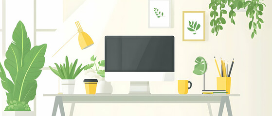 Modern minimalist home office with desk, computer, plants, and yellow accents.