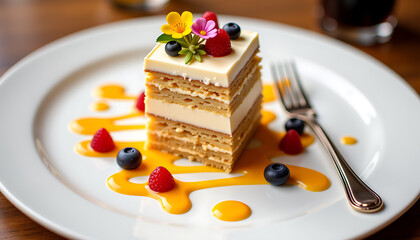 A slice of cake with blueberries and strawberries on top