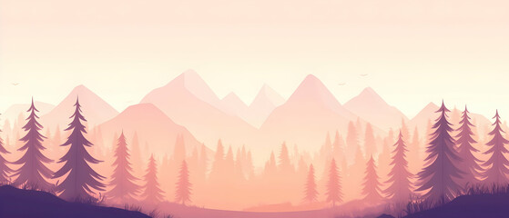 Silhouette of a mountain range and forest against a pink and orange sunset sky.