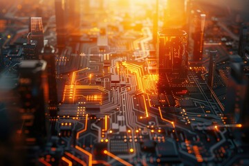 Abstract circuit city background with sunlight. Technology and inovation concept. Double exposure