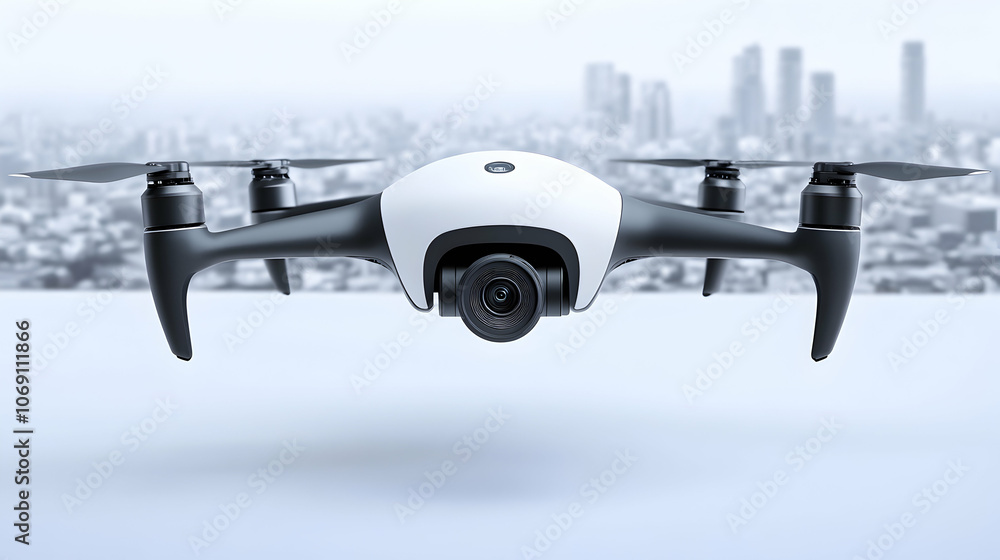 Poster white drone with camera hovering in front of cityscape.