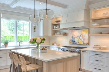 Modern Kitchen Interior with White Cabinets, Island, and Pendant Lights