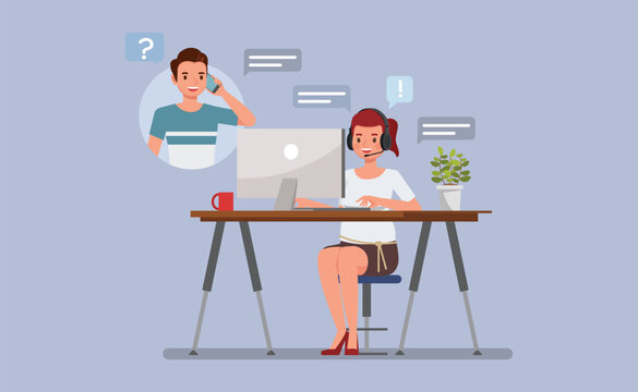 customer woman service representative assisting a client over the phone or via chat character vector illustration design. Customer Service Interaction concept.