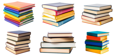 Collection of stack bright books arranged together isolated on background, joy of reading and education.