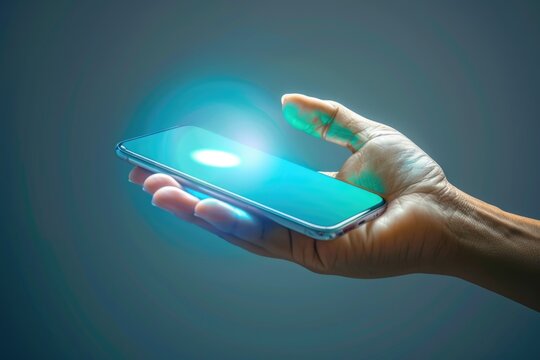 Hand holding mobile phone with creative round button. Future and inovation concept.