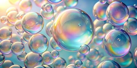 Floating Iridescent Bubbles with Soft Blue Background, 3D Illustration, Abstract, Bubbles, Light