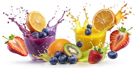 Fruit Splash Composition - Orange, Blueberry, and Strawberry Juices, fruit juice, splash, smoothie