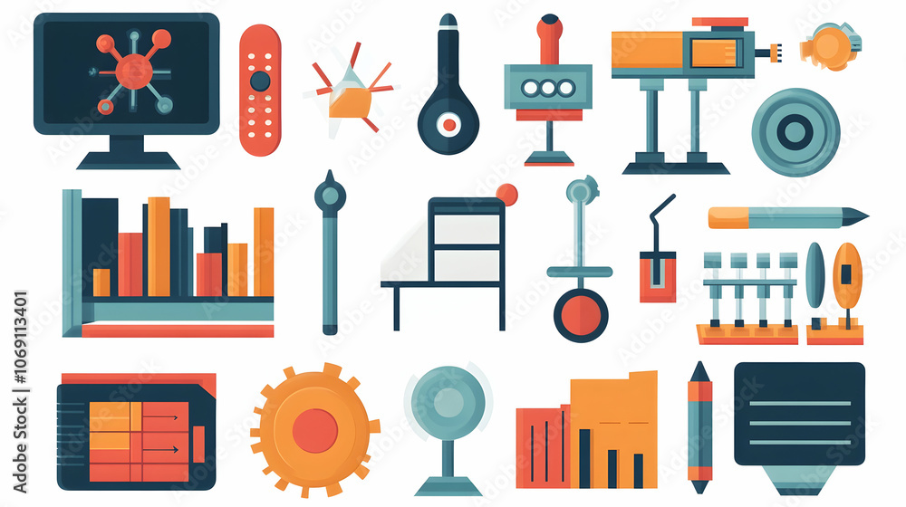 Poster a set of 20 flat design icons representing various aspects of technology and science.
