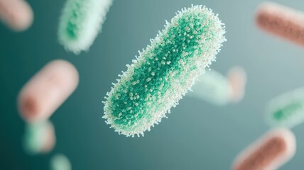 Fototapeta premium A vibrant illustration of bacteria in various shapes and colors, showcasing their microscopic details against a soft background.