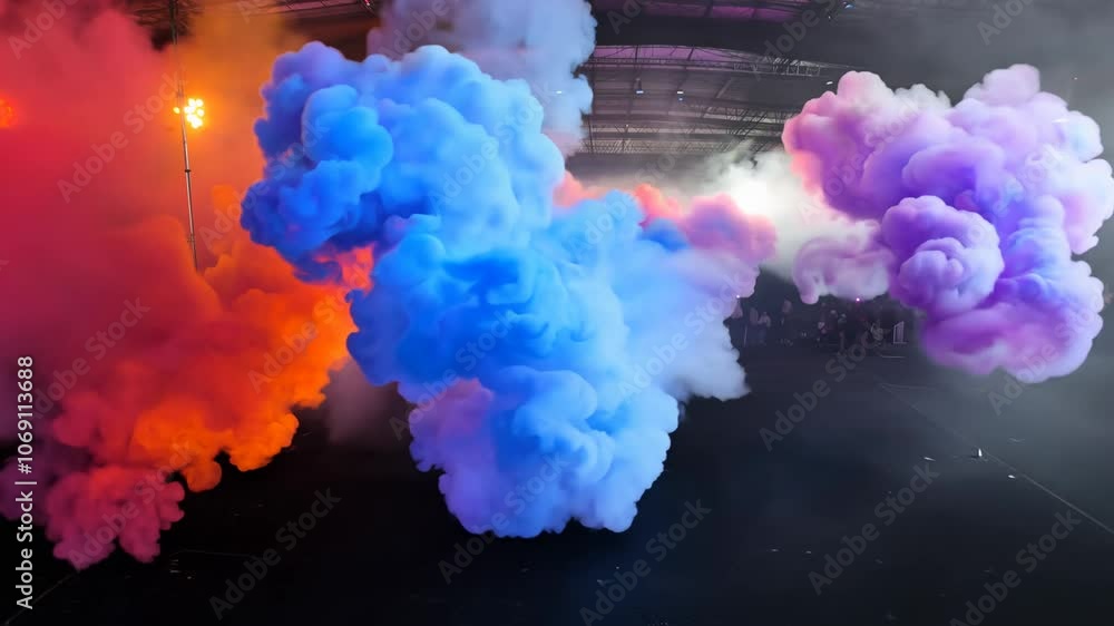 Poster camera glides through colored smoke grenades exploding, creating ethereal shapes in the moody fog