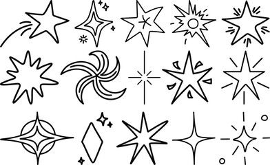 Vector starburst and sparkle icons set – unique star shapes, twinkling sparkles, and decorative symbols for designs, branding, holiday themes, and graphic elements