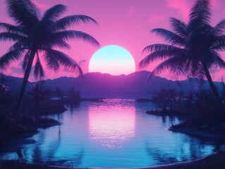 breathtaking sunrise casting a warm glow over palm trees and distant mountains, captured in retro neon colors that evoke nostalgia and tranquility