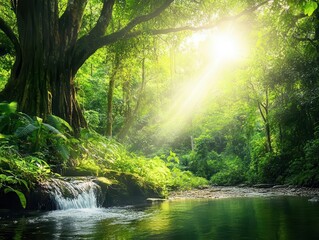 Obraz premium breathtaking rainforest landscape with a flowing river captured in summer, showcasing dense green foliage, vibrant wildlife, and the untouched beauty of nature's ecosystem