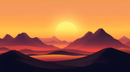 A stylized sunset over a mountain range with a warm color palette.