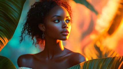 Sunlit Portraits of Women Surrounded by Lush Tropical Leaves Against Bold Color Backdrops
