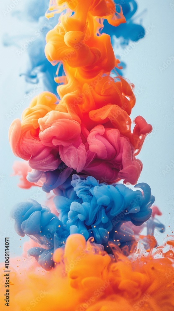 Poster vivid blue and yellow oil paint splashes creating abstract patterns against a light background durin