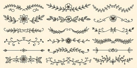 Obraz premium Hand-drawn Floral Dividers A Collection of 16 Vector Illustrations of Black Outline Branches, Twigs, Flowers and Vines, floral divider, vector illustration, graphic design, art