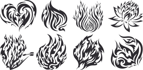 Set of Black Tribal Fire Tattoo Designs - Vector Flames, Heart, and Lotus in Tribal Style for Tattoo, Logo, and Art Decorations