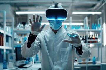 Scientists using VR for medical innovation in lab.