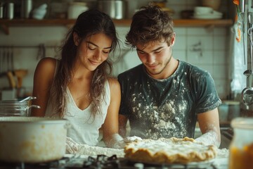 Couple in the kitchen preparing to bake a pie