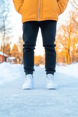 person wearing yellow jacket and black pants standing on snowy path