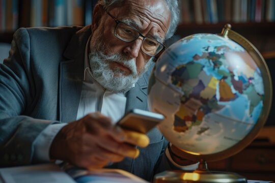 Senior man uses phone to choose travel destination.