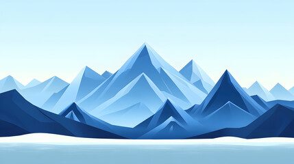 Abstract illustration of a mountain range with a snowy foreground and a blue sky.