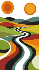 Abstract landscape with a winding road and two suns.
