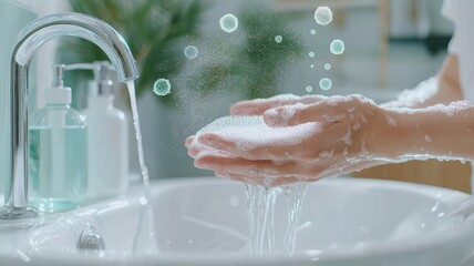 Fototapeta premium A close-up of hands soaping and rinsing under running water at a sink, highlighting cleanliness and personal hygiene.