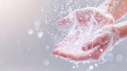 Fototapeta premium A pair of hands cupping sparkling water droplets, symbolizing purity, freshness, and the essence of life.