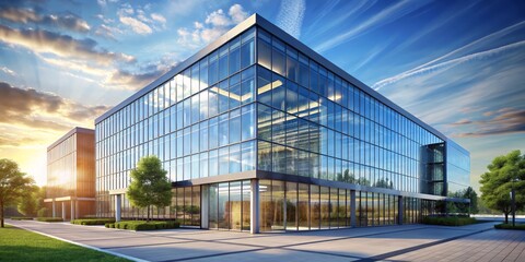 Fototapeta premium Modern Office Building Architecture with Glass Facade and Sky Reflection, architecture , building , office