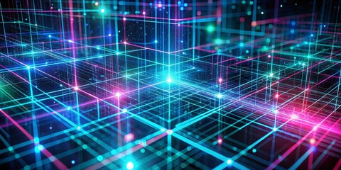 Obraz premium Neon Grid Network - Abstract Digital Landscape, glowing lines, cyberspace, futuristic ,network, digital, landscape